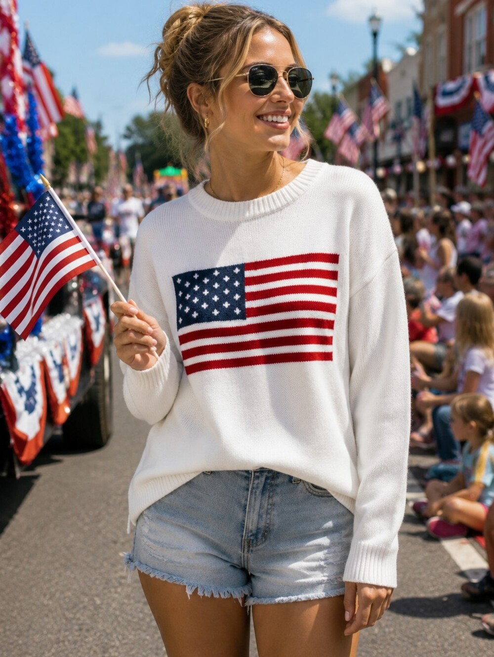 Crisp White American Flag Sweater Large NWOT Oversized Patriotic Holiday